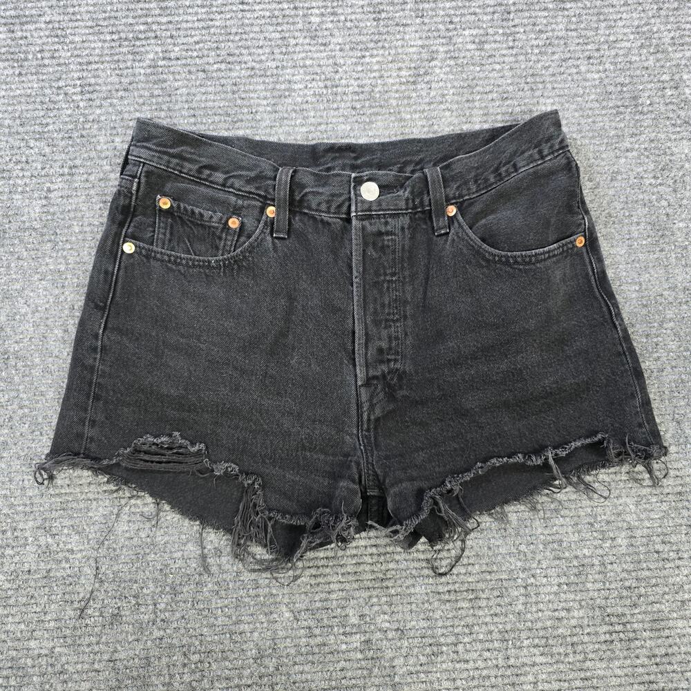 Levi's 501 Shorts Womens 29 Black Button Fly Distressed Cutoff Raw Hem